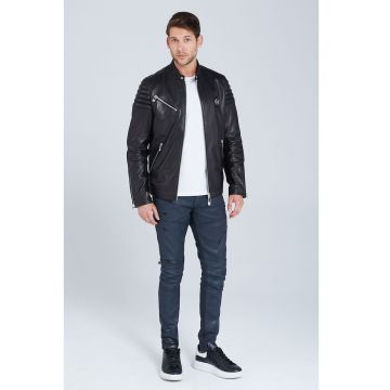 Jacheta biker de piele cu maneci ajustabile cu fermoar