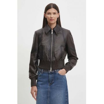 Remain geaca de piele Short Bomber Jacket femei, culoarea maro, de tranzitie, 501933493