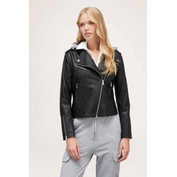 Jacheta biker de piele sintetica cu gluga