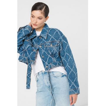 Jacheta crop de denim cu imprimeu logo