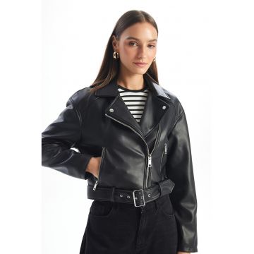 Jacheta biker crop din piele ecologica