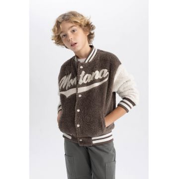 Jacheta varsity din material teddy cu broderie